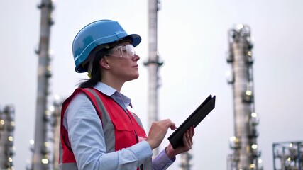 Female engineer in safety gear uses tablet at electrical power plant facility. Professional woman inspects industrial infrastructure with protective equipment and transmission towers background.