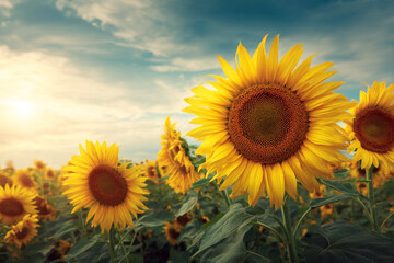 Fototapeta premium Sunflowers in a field at sunset bright yellow petals and dark brown centers beautiful sky