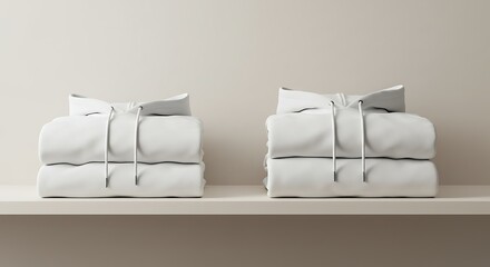 Stacks of pristine white casual wear, neatly folded and displayed on a clean, modern shelf