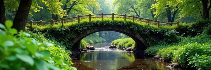 Fototapeta premium A lush green bridge arches gracefully over a tranquil stream, surrounded by vibrant foliage The idyllic scene offers a perfect blend of nature and architecture , countryside, river, construction