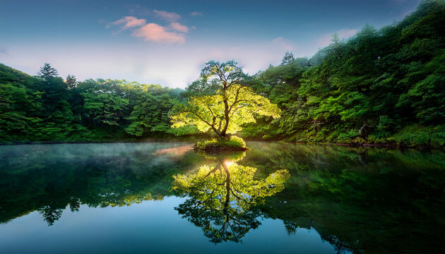 a luminous tree reflected in a serene pond surrounded by a dense forest under soft lighting effects