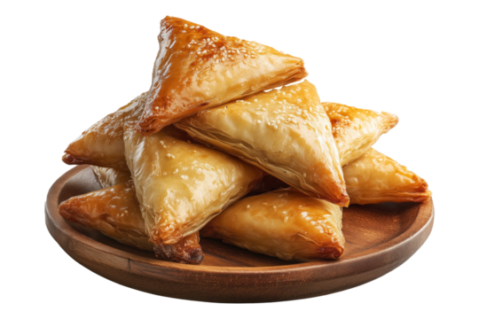 Briouat triangular fruit filled pastries, phyllo pastries filled with meat or almonds isolated on white transparent background, concept of Arabic sweet baked desserts