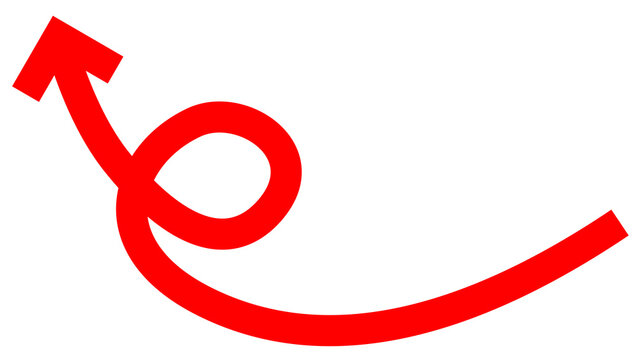 A dynamic, bold red arrow with a distinctive loop, pointing upwards and to the left on a solid gray background. This graphic can represent a winding path, a U-turn, or a complicated route.