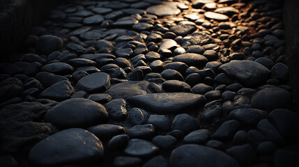 A moody, cinematic shot of a dark stone pathway, the individual pebbles and larger rocks creating a mosaic of texture, with a subtle light source from the side. Full HD, detailed.