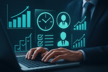 Businessman interacts with futuristic holographic data display showing analytics and progress charts