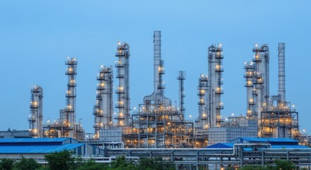A large industrial oil refinery complex with illuminated towers and structures against a clear blue twilight sky