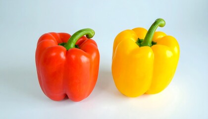 Two bell peppers, one red and one yellow, sit on a white background