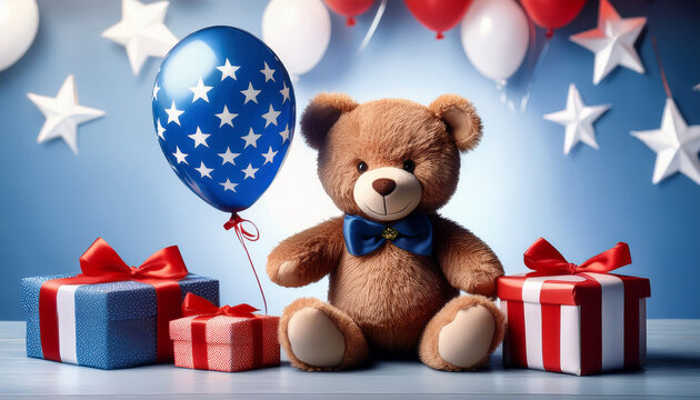 patriotic teddy bear with balloon and gifts