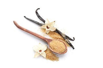 Spoon with vanilla sugar, flowers and sticks on white background
