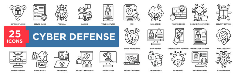 cyber defense icon collection set. Containing design cyber defense, cybersecurity, data security, network protection, firewall.Simple Line Vector