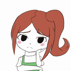 エプロンをつけた女の子が悩んでいる