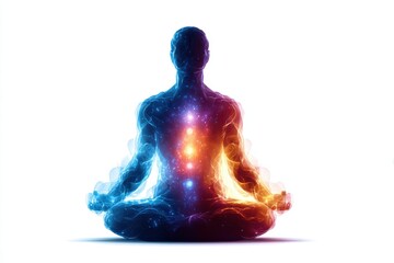 A person in a meditative posture, their form composed of swirling energy, with vibrant colors representing the interplay of opposing forces.