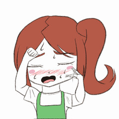 エプロンをつけた女の子が汗をかいている