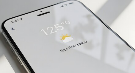 Close-up of a smartphone displaying the weather forecast for San Francisco with a temperature of 125 degrees Celsius.