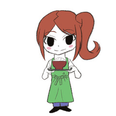 エプロンをつけた女の子が食事を運んでいる