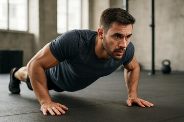 Man performing push-up exercise in modern gym – fitness and strength training