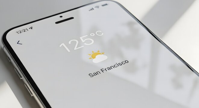 Close-up of a smartphone displaying the weather forecast for San Francisco with a temperature of 125 degrees Celsius.