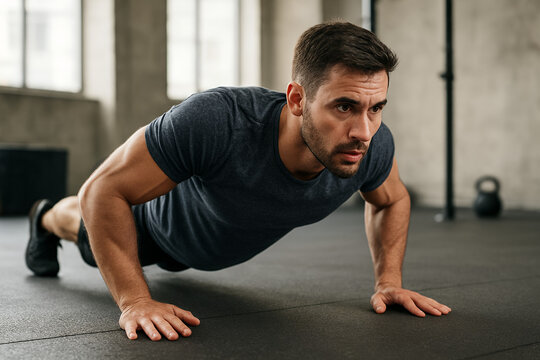 Man performing push-up exercise in modern gym – fitness and strength training - Powered by Adobe