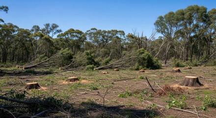 Cleared forest, felled trees, stumps