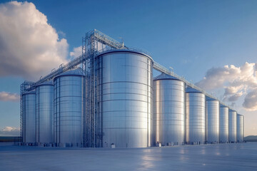 Obraz premium Large metal silos rise prominently at a grain storage facility under a clear afternoon sky, reflecting light with a modern industrial design