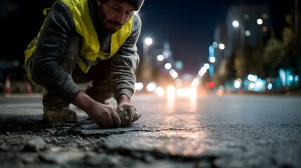 Construction worker repairing cracked pavement in a night street scene