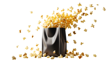 Exploding Popcorn: A cinematic explosion of freshly popped popcorn erupts from a stylish, sleek black container, creating a dynamic visual of entertainment and culinary delight. 