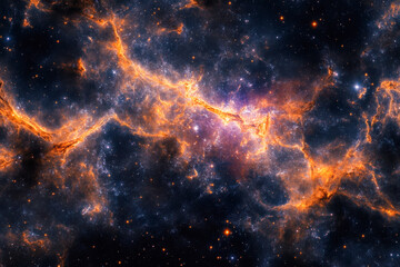 Naklejka premium Vivid cosmic clouds decorated with fiery hues illuminate the depths of space, showcasing star formation and galactic wonders in the universe