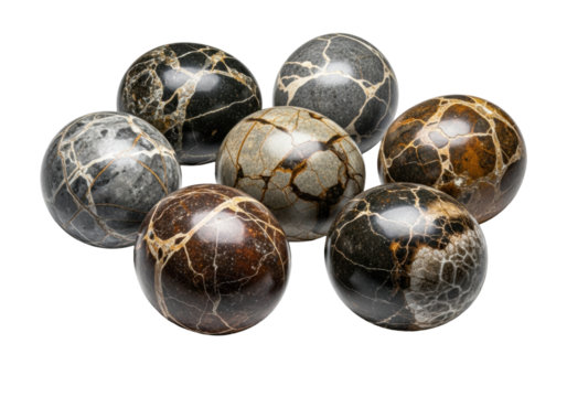 Seven ancient petrified dinosaur eggs, intricate natural textures, muted earthy tones, transparent background, clinical light, concept of paleontological discovery.
