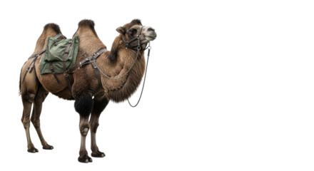 Majestic dark brown Bactrian camel with green pack harness and leather bridle, standing stoically in high-key studio on white copy space, concept of dependable transport