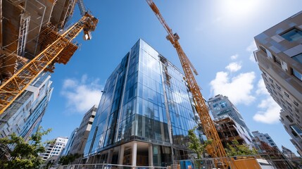 Naklejka premium Modern glass building under construction with cranes in urban setting on a sunny day