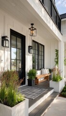 White farmhouse porch with black accents