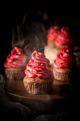 Homemade red cake for Halloween. Festive food concept. Background.
