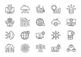 Information technology thin line icon set. Containing cloud computing, it manager, data analytics, big data, it governance