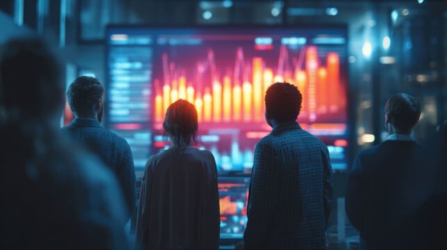 Advertising presentation teamwork with digital visuals in modern office