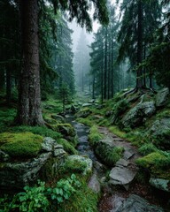Obraz premium A mystical forest scene with a winding path, mosscovered rocks, and tall trees shrouded in fog, creating an atmospheric ambiance