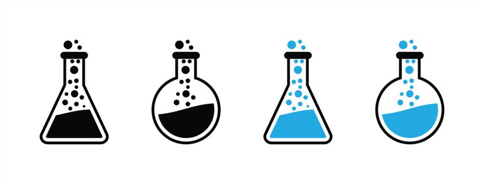 Laboratory Flask Icon Set – Vector Illustration of Science Beaker, Chemistry Bottle, and Experiment Glassware with Liquid and Bubbles for Research, Medical, and Education Design