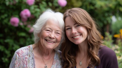 Obraz premium Smiling woman and elderly woman pose together in garden full of colorful flowers during sunny afternoon