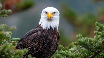 Obraz premium Majestic bald eagle perched on a pine tree branch