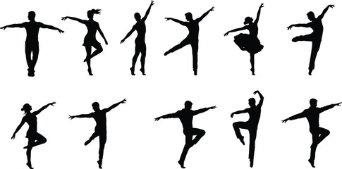 Ballet dancer silhouettes in various poses, arm and leg extensions, elegant movement, classical performance, graceful dance art, choreography illustration, vector design