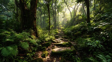 Fototapeta premium sunlight creating path through dense tropical forest vegetation 