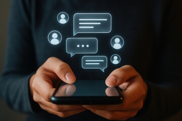 Close-up of hands holding a smartphone with a digital chat interface and social media icons floating above