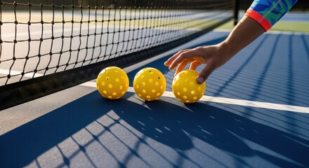 player's hand picks up one of three yellow pickleballs from a blue court with net shadows in the sun.