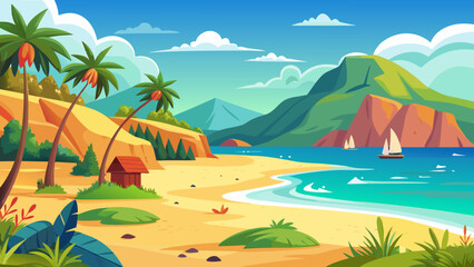 Obraz premium Vector art of scenic tropical island landscape with palm trees, sandy beach, turquoise sea, and majestic mountains under a clear blue sky, perfect for vacation