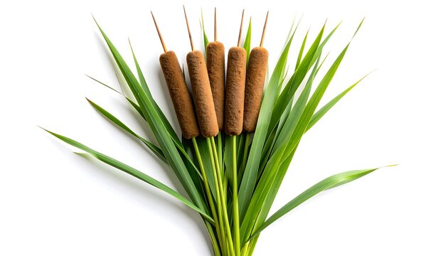 Cattails with green leaves, and white background.