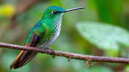 Green crowned brilliant hummingbird resting on a branch in a tropical forest