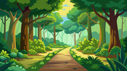 Fototapeta premium Vector art of a serene forest path winds through lush greenery, inviting exploration and tranquility in a vibrant natural landscape under a bright sky