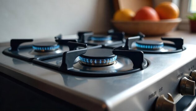 A modern, stainless steel natural gas stovetop with gleaming burners, ready for cooking The sleek design complements any kitchen style, offering efficient and reliable heating , renovation, hob