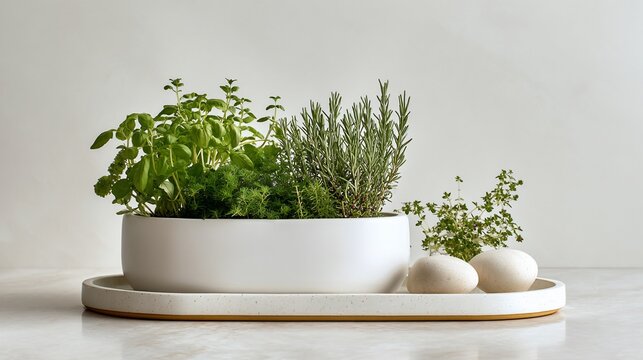 Fresh herbs in white pot with two eggs, on a marble surface, neutral background