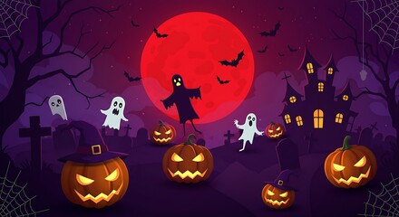 Fototapeta premium Halloween Night Scene with Spooky Ghosts Pumpkins Bats Haunted House and Full Moon