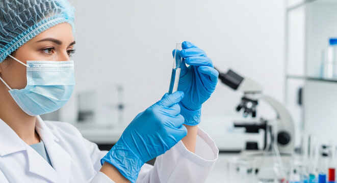 Young female scientist in a lab coat, face mask, and gloves is holding a test tube with a blue liquid in a research laboratory - Powered by Adobe